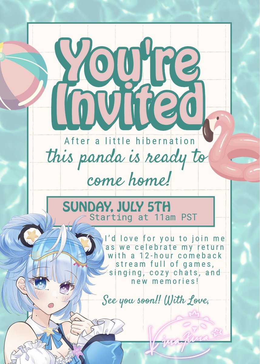 KiraKiraVtuber's tweet photo. 🐼💌 you’re invited!!

it’s been a little while, hasn’t it? 🥺

tomorrow i’ll be returning with a 12-hour comeback stream, and i would love to spend the day with all of you. thank you for waiting so patiently while this panda found her way back.

let’s make this the beginning of lots more cozy memories together🩵✨

gao gao~