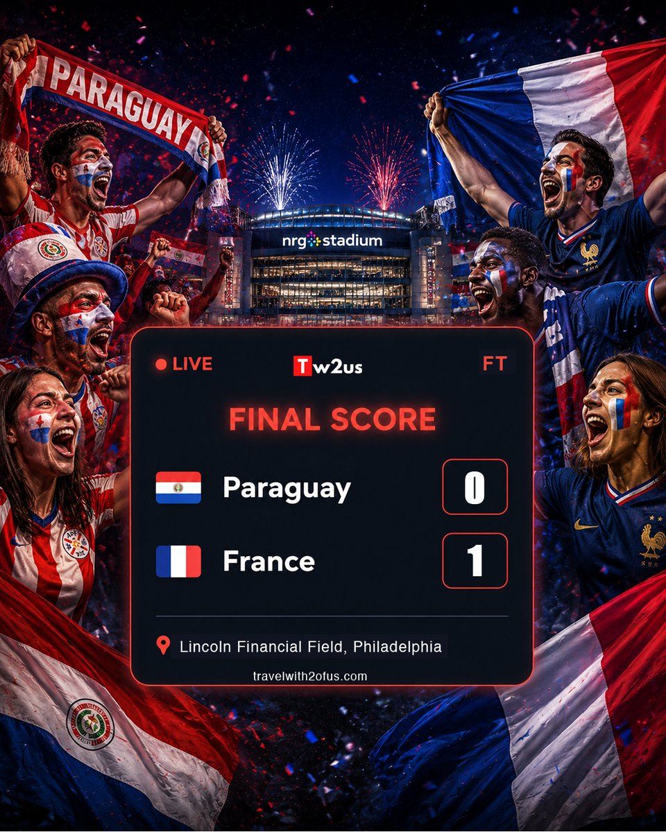 travelwith2ofus's tweet photo. Result: Round Of 16: Paraguay vs France
2026 FIFA World Cup Live Hub
https://t.co/MUgcls0EwS
▶︎ UP NEXT: Brazil vs Norway - 📍 MetLife Stadium
#WorldCup2026 #FIFAWorldCup #WorldCup #Paraguay #France https://t.co/mnAduD2ay3