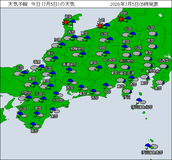 ngy2010's tweet photo. 今日7月5日の天気
前線や湿った空気の影響で雨や曇りとなるでしょう。名古屋 27℃ -1

気象台からのコメント
2026年07月05日(日)04時58分
・5日から6日にかけては、梅雨前線の影響でおおむね雨となり、雨の降り方によっては、レベル2大雨注意報やレベル2土砂災害注意報を発表する可能性があります。 https://t.co/rkVuy29x7Y