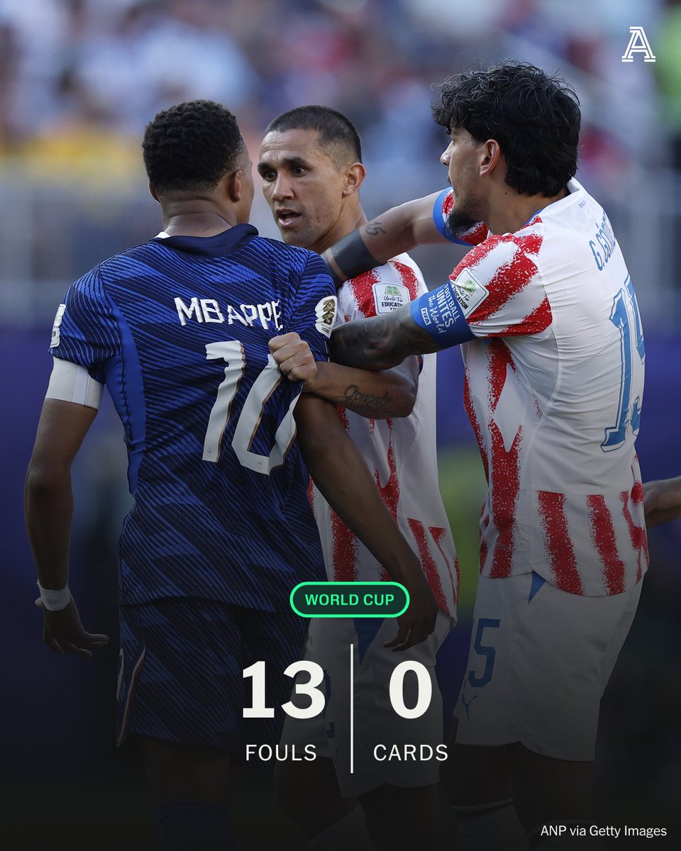 TheAthleticFC's tweet photo. Paraguay's World Cup comes to an end, but they certainly went down fighting.

Gustavo Alfaro's side committed 13 fouls in what was an ugly contest in the heat of Philadelphia, but remarkably, they weren't shown a single yellow card.

Kylian Mbappe was on the receiving end of most of the hostile treatment but he saw the funny side at full-time.

He certainly had the last laugh. 

France are through to the last 16 while Paraguay are on the next flight home.

🔗 https://t.co/Z6vqTyRhWh