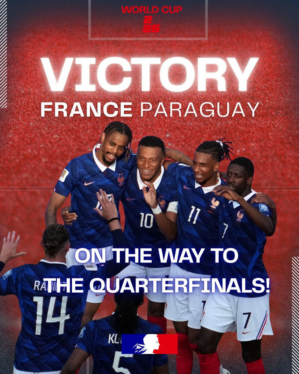 francediplo_EN's tweet photo. ⚽ Straight to the quarterfinals!

🇫🇷 Thanks to their victory over Paraguay, our Bleus continue their World Cup run.

They’ll face Morocco on Thursday in the quarterfinals at Boston Stadium.

#AllezLesBleus

📸 TIMOTHY A. CLARY - AFP https://t.co/VHjEnMPqfj
