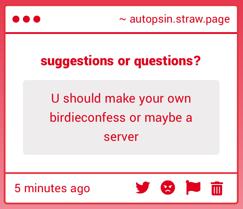 hercufang's tweet photo. i've thought about making my own birdieconfess account, i really enjoy reading and responding to people's opinions! i don't know though ... as for servers, there are already ones out there! i'm not very savvy with discord myself (/ _ ; ) https://t.co/1WrFtIfGI7