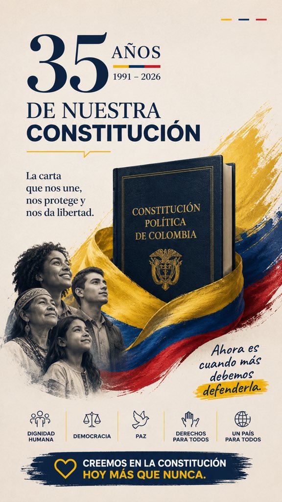 JoseMAcevedo's tweet photo. ¿Quieren un acuerdo nacional?… hace 35 años se logró y es el que tenemos que cuidar, al que tenemos que darle alcance verdadero y, entre todos, protegerlo para que nadie nunca vuelva a tener la tentación de usurpar porque sí. La Constitución de 1991 cumple 35 años. ¡A honrarla! https://t.co/wSx9et9LGj