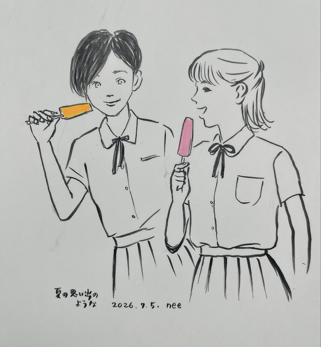 cybele70's tweet photo. 1980年代半ば、私の通っていた中学校の放課後を思い出しながら。
制服の丸襟やリボンをぎりぎりまでスタイリッシュにして工夫しているクールな同級生が眩しかったあの頃、地元ではアイスケーキという呼び名の、割り箸のついた氷菓子を買い食いしていましたっけ。
2026.07.05 https://t.co/v7GEYE9lPC