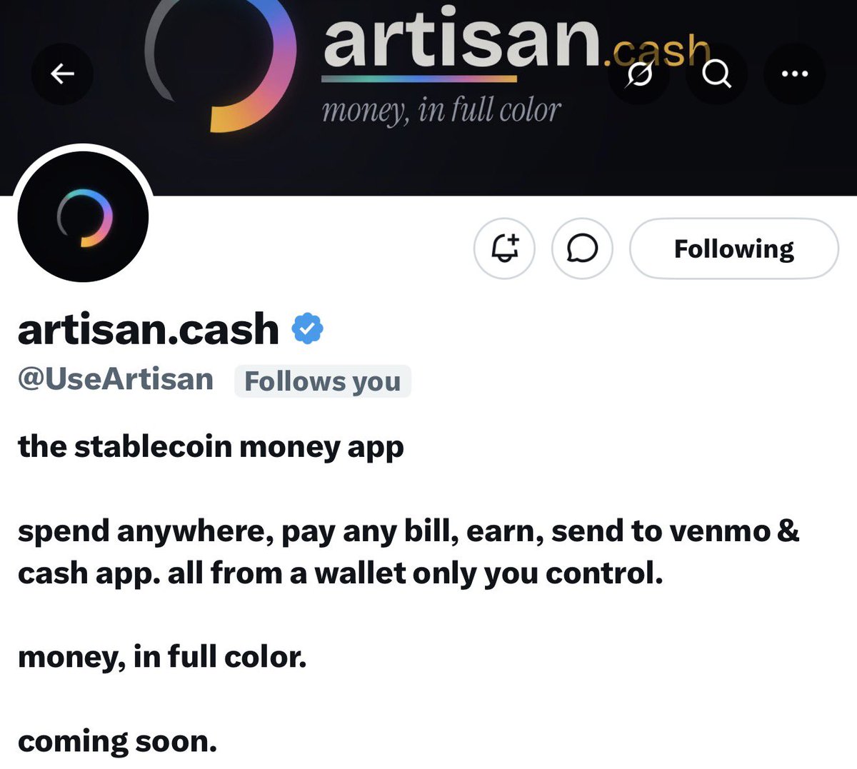 IdMintThat's tweet photo. Giving away $50 USDC on Monday to someone who follows @UseArtisan this weekend!

Will use retweets to pick winner so also do that. 

The future of money isn’t fragmented. https://t.co/X82relqSqp