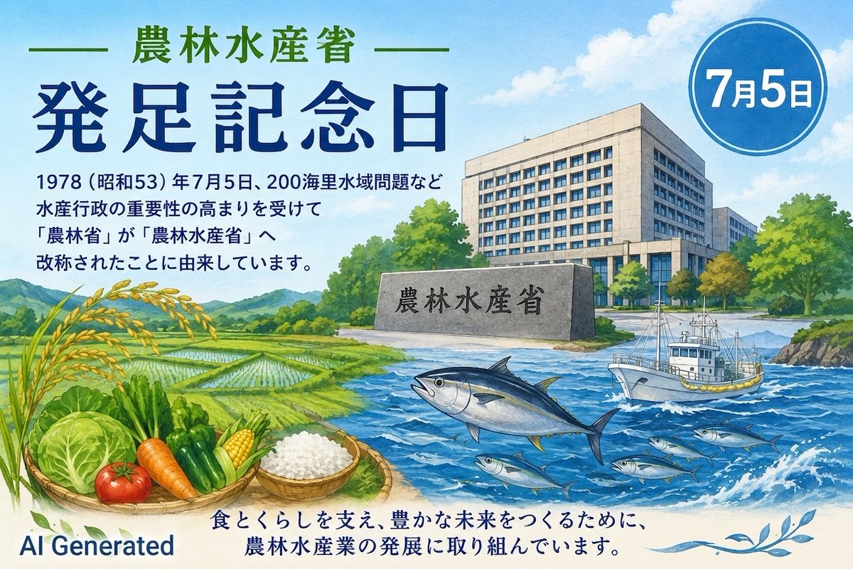 ebi2ebi48's tweet photo. 7月5日（日）先勝(庚辰)
おはようございます 
#今日は何の日
#農林水産省発足記念日
1978（昭和53）年のこの日、200海里水域問題など水産行政の重要性の高まりを受けて「農林省」が「農林水産省」へ改称されたことに由来しています。 https://t.co/ecJtkWIkwX