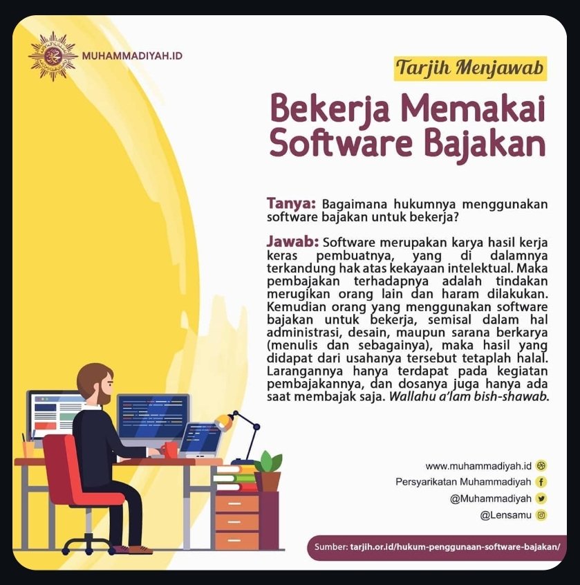 BetaEpsilonPhi's tweet photo. Hati-hati ya, di lingkungan Pemerintahan sudah ada yang kena tuntut dari Microsoft,

Besarnya lumayan 😅,

Masih ada opsi Open Source 🙏

Kiri : Fatwa MUI 1/2003 tentang Hak Cipta
Kanan : Tarjih Muhammadiyah https://t.co/OPwtady7On