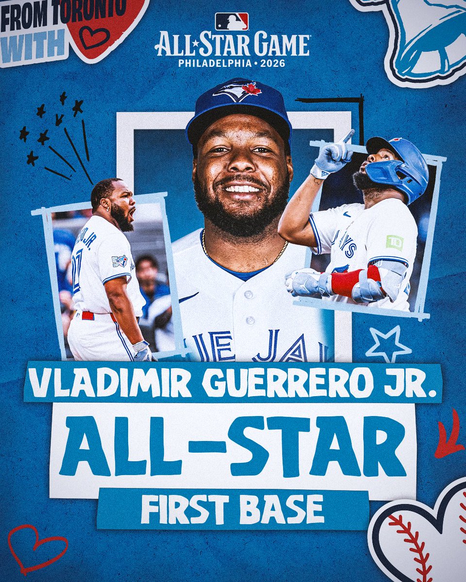 BlueJays's tweet photo. Your American League starter at 1B ⭐️

Vladdy's a six-time All-Star! #BlueJays50 https://t.co/yzAhkJBjuj