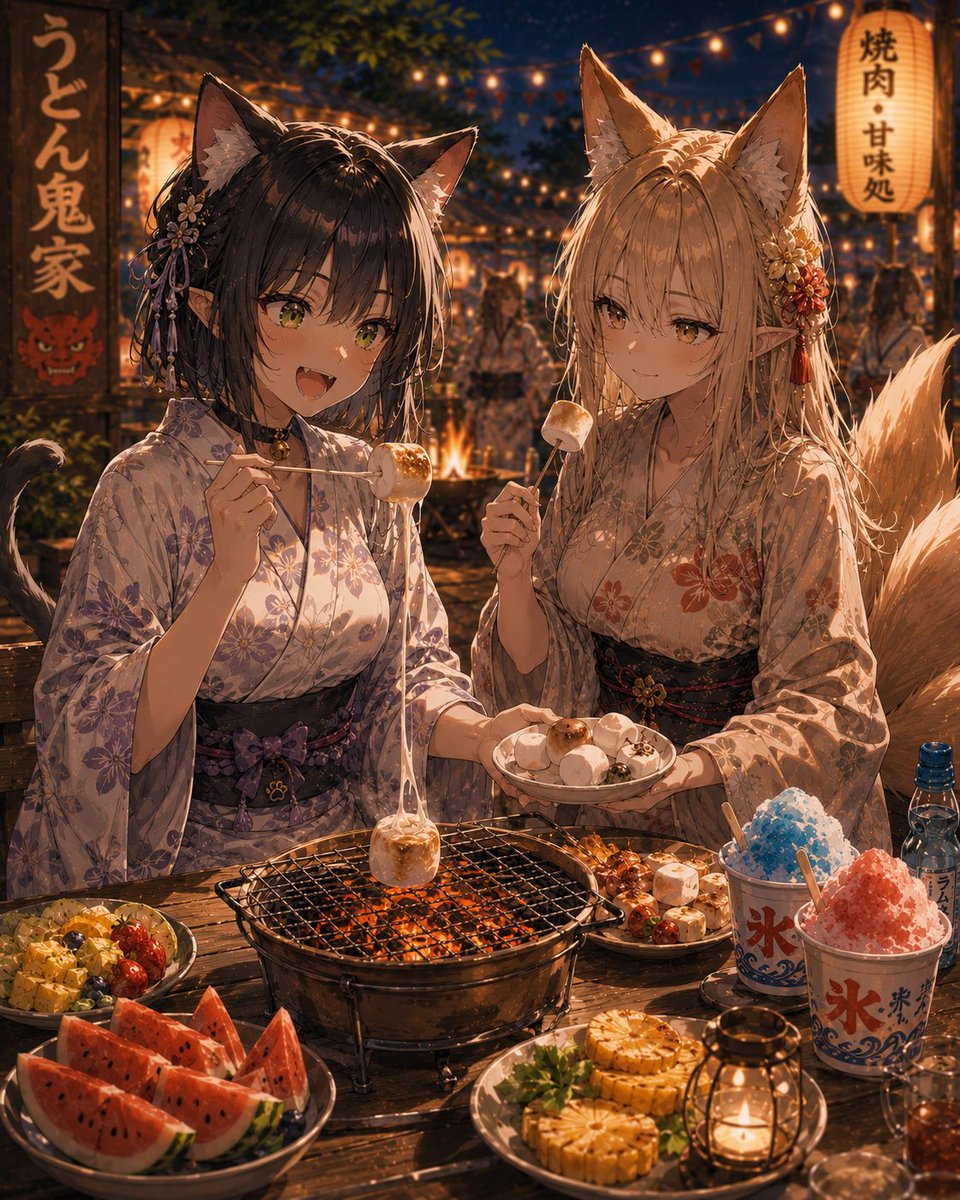 leon69mattari's tweet photo. BBQの最後は、やっぱりデザート。🍉🍧

猫娘と狐娘ものんびり甘い時間。

「ごちそうさまでした😊」

#AIart #オリジナル #BBQ #猫娘 #狐娘 #夏祭り https://t.co/VwfY696YuI