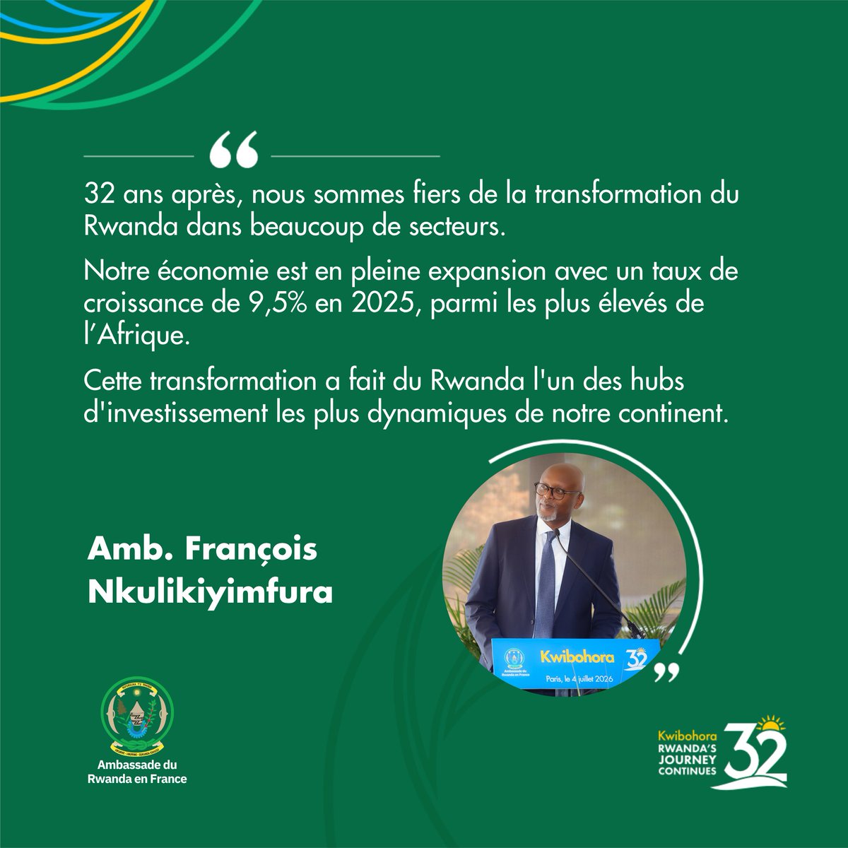 RwandainFrance's tweet photo. Dans son discours, l'Amb. @FNimfura est revenu sur le chemin parcouru par le Rwanda depuis le génocide contre les Tutsi, et sur la transformation remarquable d'un pays qui n'a cessé d'avancer. 

#Kwibohora32 https://t.co/wkRcVMOvNm