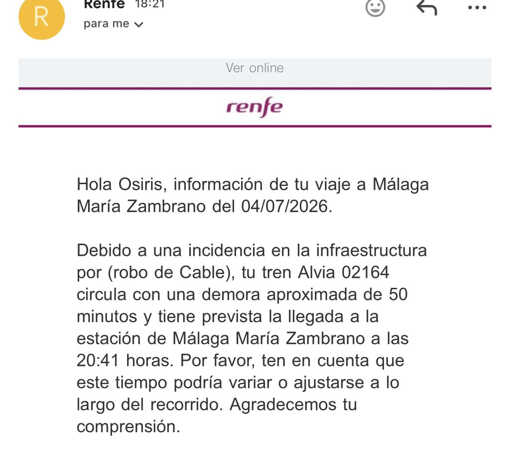 omg_5503's tweet photo. Me parece de puta vergüenza estar en un tren que nos lleguen correos electrónicos diciendo que ha sido un robo de un cable. Y hemos llegado a Antequera. Tren de Madrid a Málaga María Zambrano ( saliendo de ciudad real ). Ya hora de retraso saliendo de la estación de ciudad real. https://t.co/M3aZSeSlij