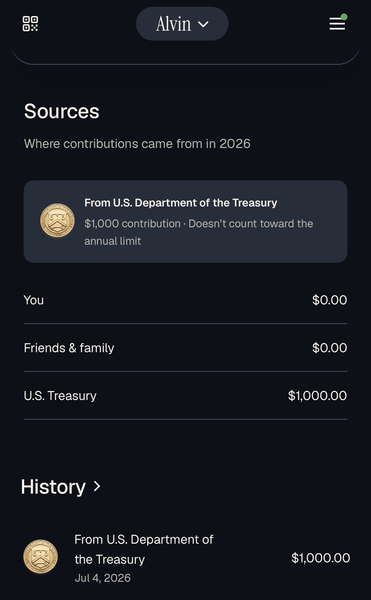 DaveEDanna's tweet photo. Those treasury department Trump savings accounts for newborn babies were real and the $1,000 was deposited on the Fourth of July! 

That was an unexpected part of the America 250 celebration 🎉🤠

Apparently people can contribute to a baby’s account, to be clear I don’t know any details about it but here’s the link, this is invested automatically in the S&P500 and Baby Alvin can use it when he gets older: https://t.co/8oWfw7P7Gb