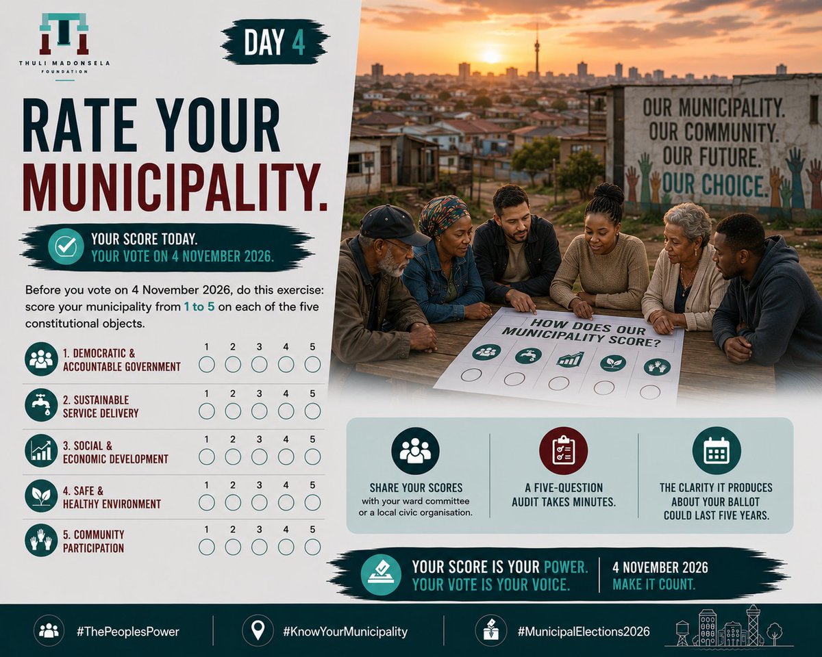 ThumaFoundation's tweet photo. Before 4 November 2026: find out both your local AND district municipality. Establish specifically which one is responsible for your water supply. 

Then look up your district municipality's financial health at https://t.co/V4od9RKTwp.

If both tiers are failing and both are avoiding blame, an informed vote and a documented paper trail, is how you force the question of who answers first.

#ThePeoplesPower #KnowYourMunicipality #MunicipalElections2026