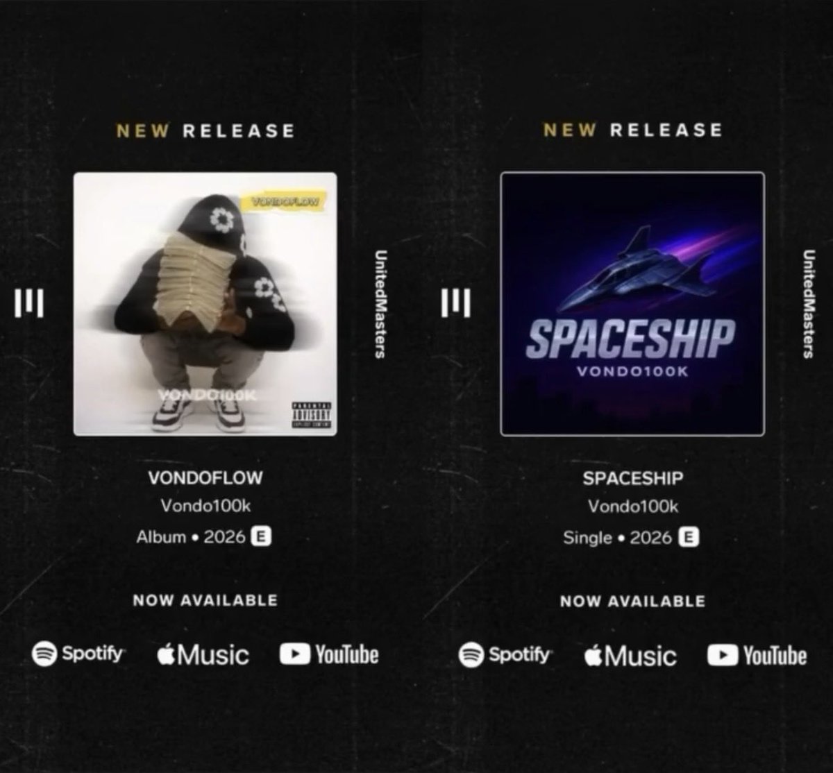 vondo100k's tweet photo. VONDOFLOW EP + SPACESHIP 
Available on all streaming platforms 

#Vondo100K #NewMusic #HipHop #RapMusic #IndependentArtist #NowPlaying @unitedmasters https://t.co/0Za2VrIahi