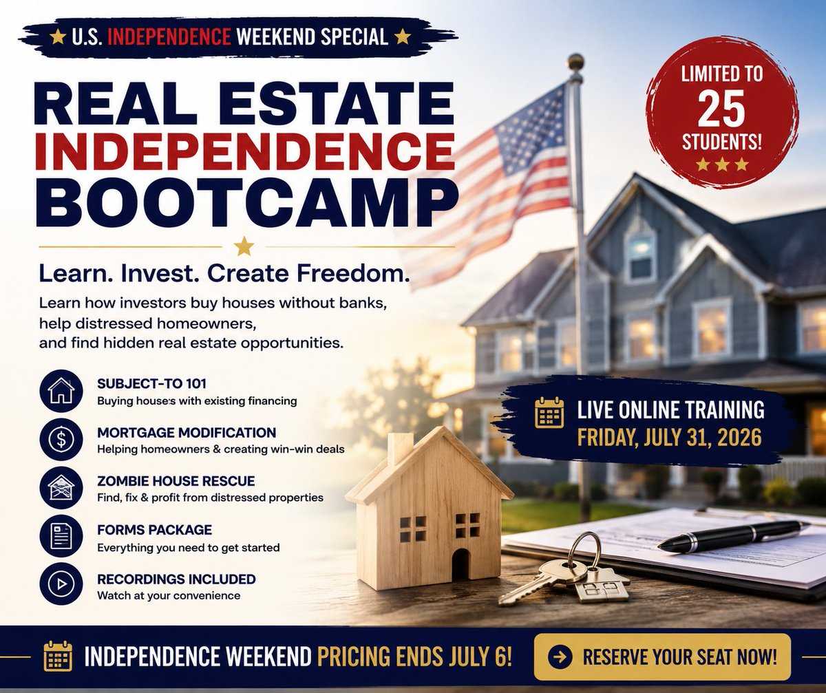 SubToInvesting's tweet photo. Most investors stop when rates go up.

Creative investors adapt.

Learn:

🏠 Subject-To Investing

📉 Mortgage Modifications

🔑 Zombie Property Opportunities

Real Estate Independence Bootcamp

July 31

$349 Independence Weekend Special

https://t.co/AXKYXLtWdC https://t.co/j9DSYSIEPW