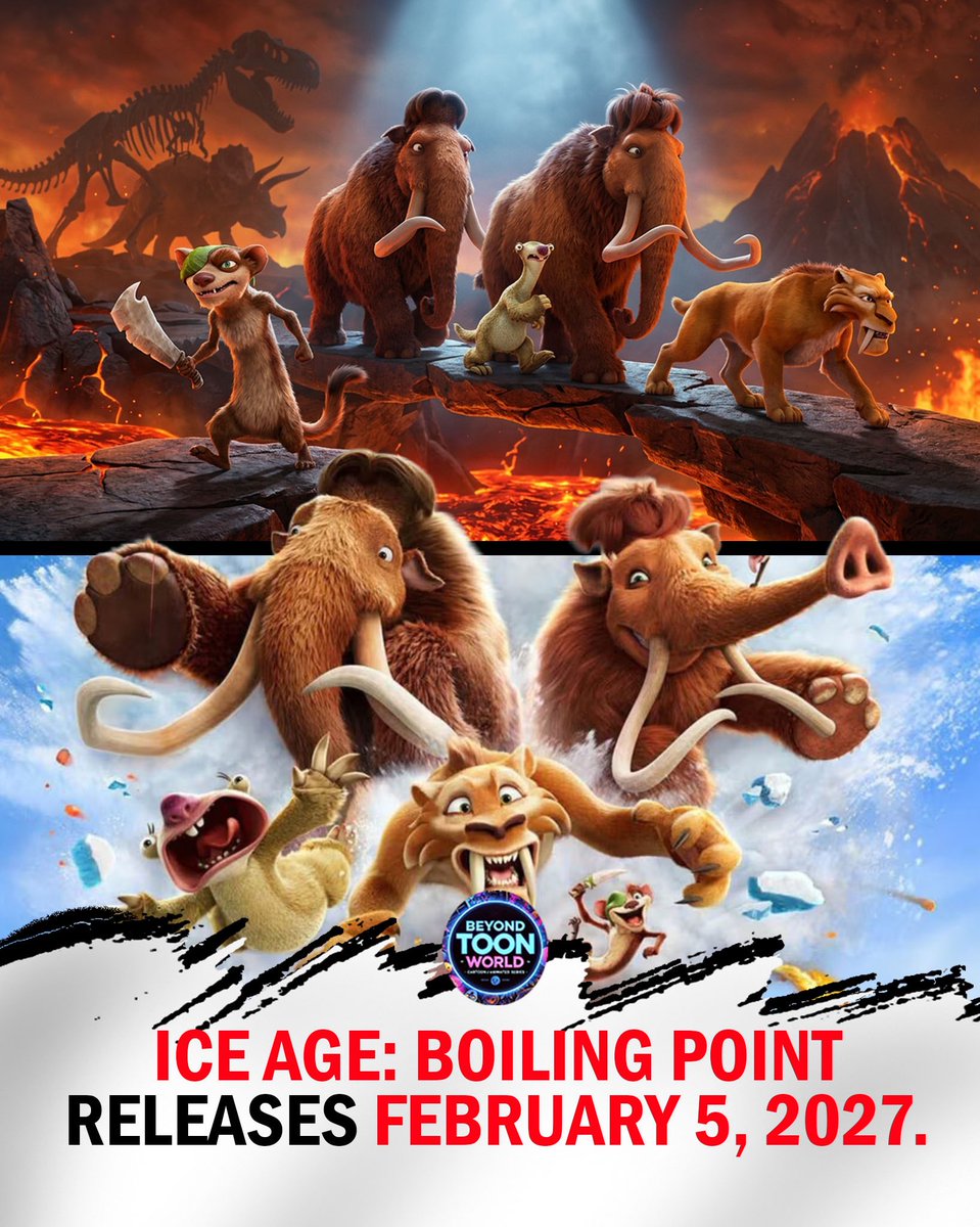 BeyondToonWorld's tweet photo. Ice Age: Boiling Point Releases February 5, 2027

The herd is almost back! Ice Age 6, officially titled Ice Age: Boiling Point, is set to release in theaters on February 5, 2027.

The film brings back Ray Romano, John Leguizamo, Denis Leary, Queen Latifah, and Simon Pegg for a dinosaur-and-lava-filled adventure in the Lost World.

#IceAgeBoilingPoint #IceAge6 #AnimatedMovies