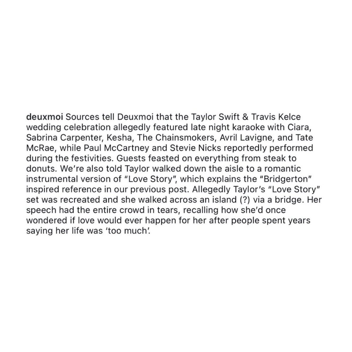 TSwiftUpdatesIT's tweet photo. Uno degli ospiti ha parlato del discorso di Taylor Swift al suo matrimonio:

“Her speech had the entire crowd in tears, recalling how she'd once wondered if love would ever happen for her after people spent years saying her life was 'too much'!” https://t.co/FUgZFpEtob