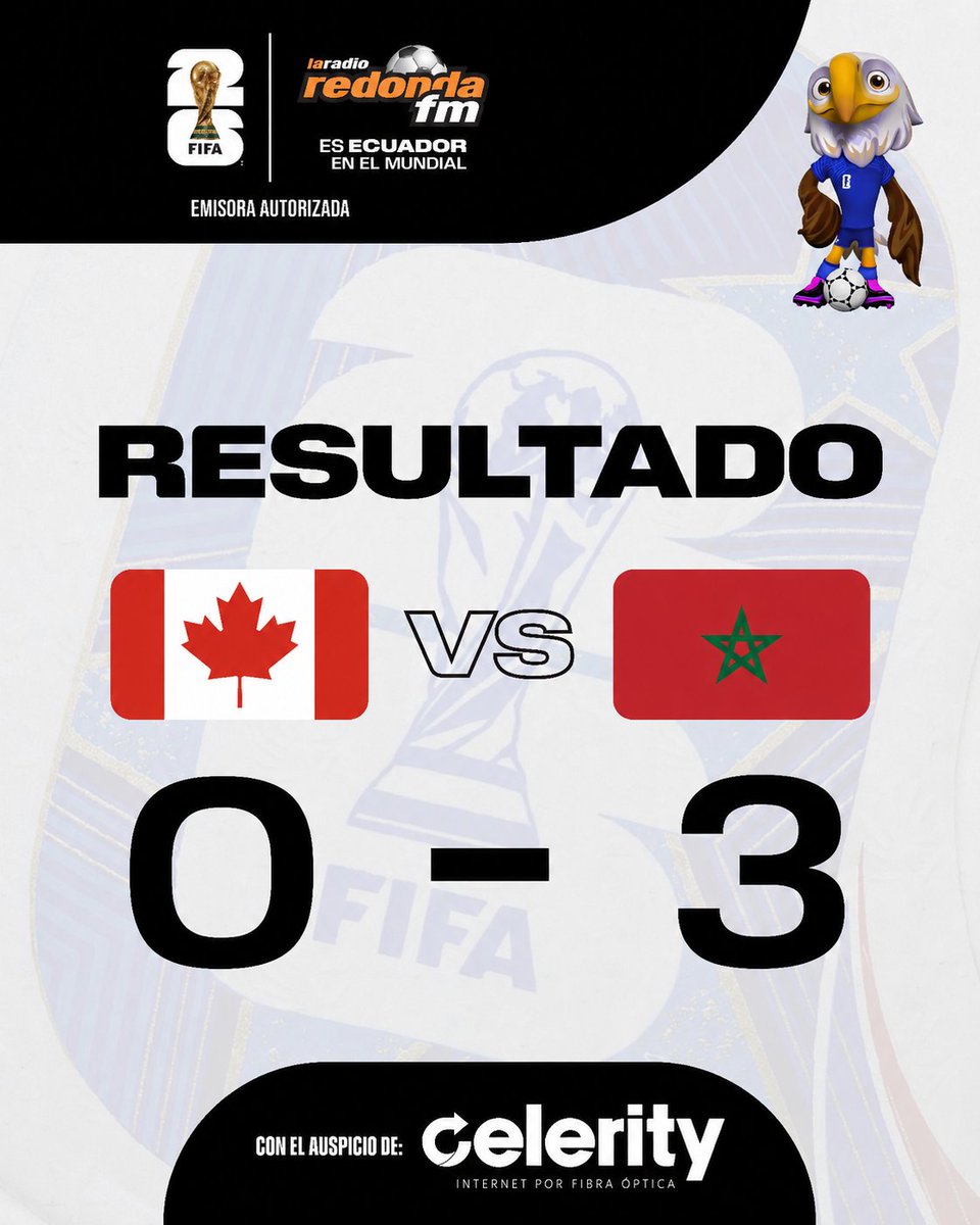 LaRadioRedonda's tweet photo. Presentamos el marcador final del duelo entre Canadá y Marruecos, válido por octavos de final del Mundial 2026.

#RedondaMundialista 📻 https://t.co/UqMtj7lkz3