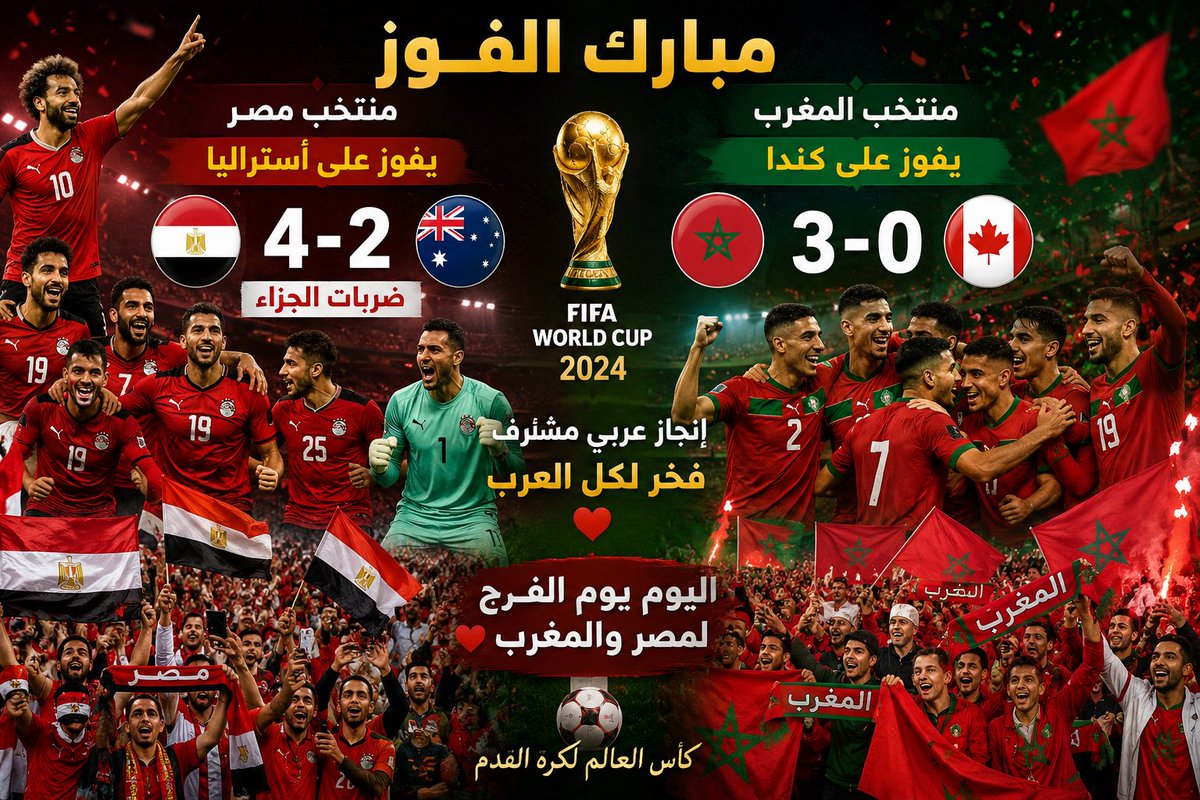 docshayji's tweet photo. 🔴🔴ألف الف مبروك نبارك للأشقاء في #مصر و #المغرب فوز منتخبهما على أستراليا وكندا وتأهلهما لدوري ال16 في بطولة #كاس_العالم_٢٠٢٦ في الولايات المتحدة
وإلى الأمام…
انجاز عربي مشرف
وادام الله الأفراح …
#Egypt
#Morrocco
#Worldcup
#FIFA https://t.co/KW9uroLR7U