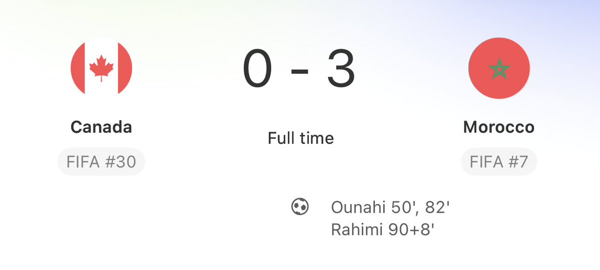 mahdi's tweet photo. One of the hosts of the FIFA World Cup is out. #Canada 0-3 #Morocco https://t.co/N7xFUDdf9u