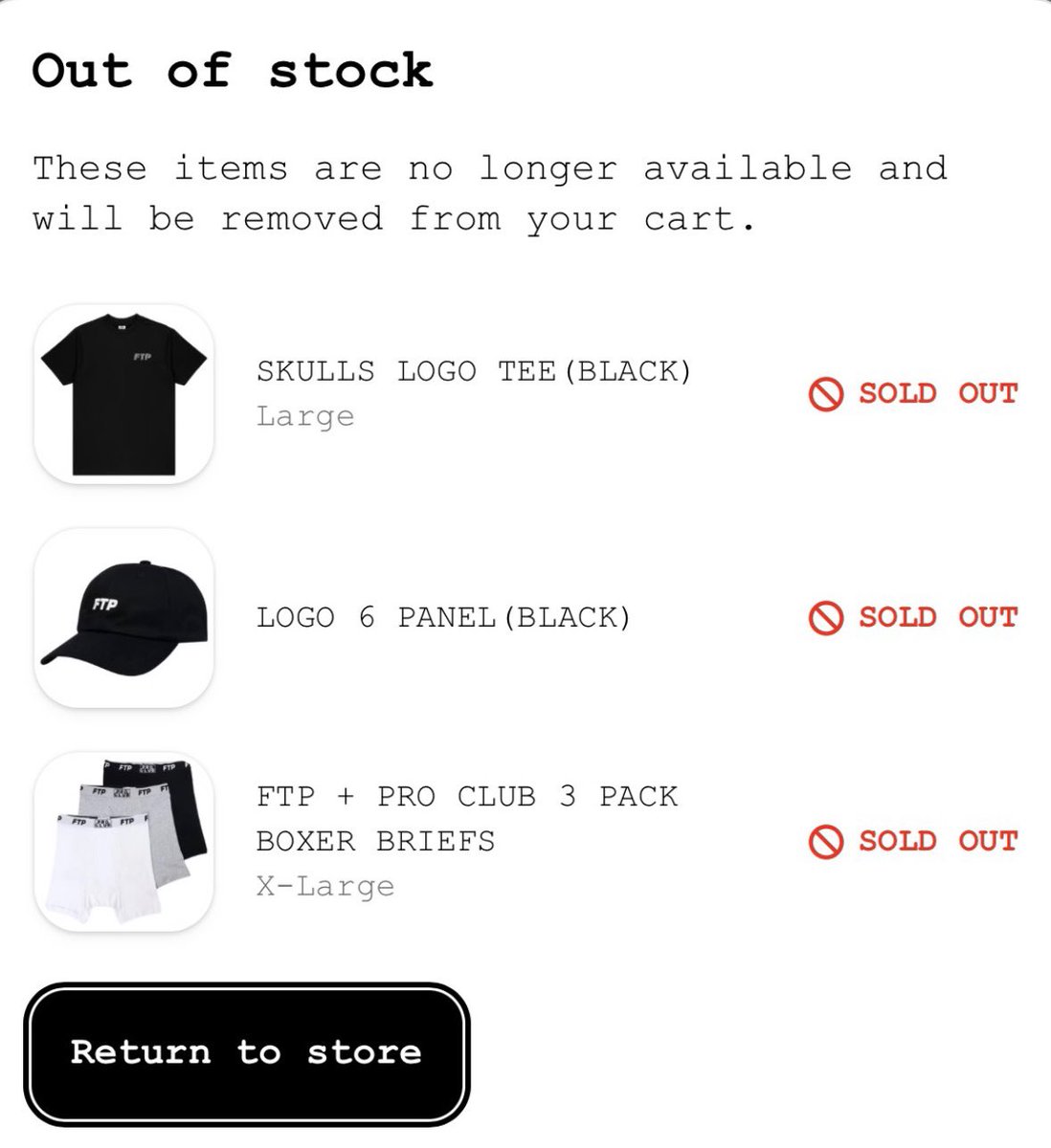 RubysNephew's tweet photo. this shi a joke bro, only a couple minutes into the FTP drop and majority sold out. then we got idiots like this over on grailed, depop etc reselling for twice the price. 

do they still not stock for demand? i don’t stand a chance with these anymore, do sumn bruh @ZACFTP 😔🙏🏼 https://t.co/T3xgdrF6Ej