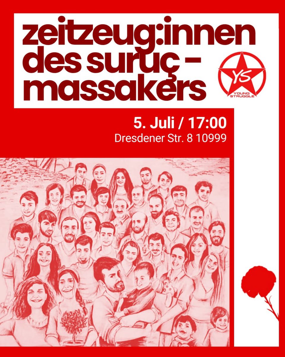 BerlinDemo's tweet photo. 💥Ankündigung! Sonntag 05.07.2026💥

☀️✊🏽Gerechtigkeit für Suruç – Gerechtigkeit für alle!✊🏽☀️

Sonntag, 05.07.2026 | 17:00 Uhr | Dresdener Straße 8, 10999 Berlin

Anreise:  U1, U3, U8, Bus 140 Kottbusser Tor | M29 Oranienplatz

📣 Aufruf: https://t.co/wYez1wugBb 

#b0507 #Suruç https://t.co/F2hgsnb7EP
