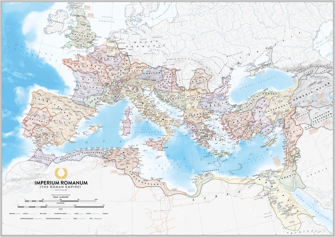 Daily_Hist01's tweet photo. Map of the Roman Empire in the mid-2nd century. 

At this point in time the Empire was experiencing the famous Pax Romana (Roman Peace). While wars on the frontiers were still fought often, the internal functions of the Empire was characterized by unprecedented stability, economic prosperity, and architectural achievement.

Some interesting facts about the Pax Romana:

🏺The Empire contained an estimated 50 to 60 million inhabitants, representing roughly one-fifth of the entire global population at the time.

🏺The city of Rome peaked at a population of approximately one million residents, a level of extreme urbanization that would not be seen again in Europe until the Industrial Revolution in the 19th century.

🏺The Roman denarius was the universal silver coin of the realm, enabling a highly integrated, monetized economy that stretched across thousands of miles.

🏺The professional military consisted of roughly 30 active legions. Combined with auxiliary units, the total armed forces numbered between 350,000 and 400,000 men.

🏺The Empire was bound together by over 50,000 miles of paved, highly engineered roads, designed primarily for the rapid deployment of legions rather than civilian travel.

Map Credit: Reddit (procrastinating2much)