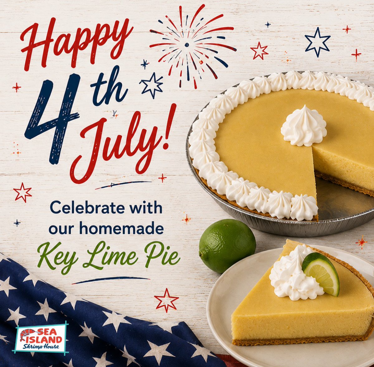 SeaIslandShrimp's tweet photo. Don't forget the dessert!
Our made from scratch Key Lime Pie is ready for your Fourth of July celebration.
Order yours today: https://t.co/Z8mnNEeeCZ
#SISH #SeaIslandShrimpHouse #Seafoodie #KeyLimePie #MadeFromScratch https://t.co/ryHvPAqp7A