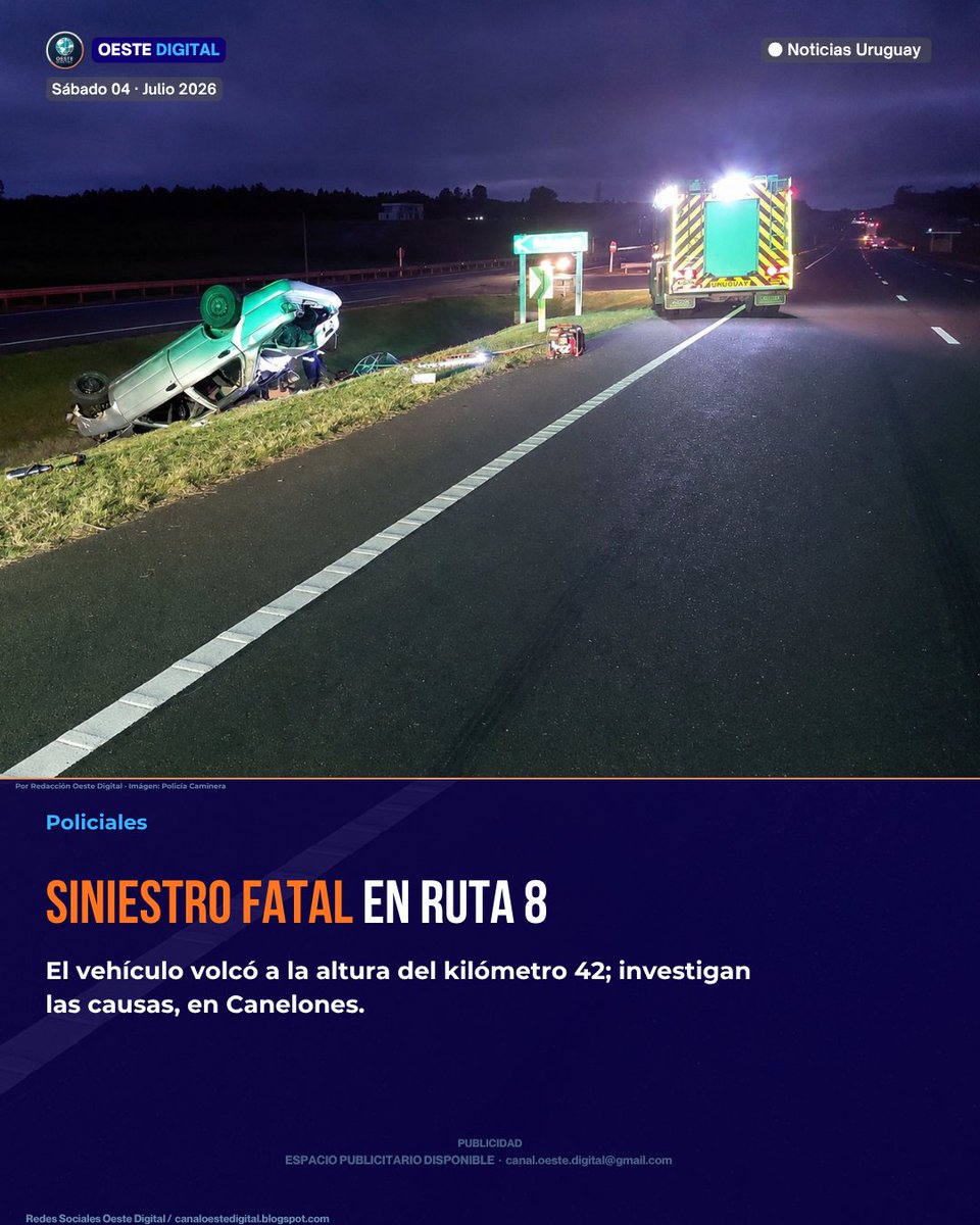 Oeste_DigitalUY's tweet photo. 🚨 Un hombre de 47 años murió tras el despiste y vuelco de un auto en el km 42 de Ruta 8, en Canelones. El acompañante, de 37 años, fue trasladado con traumatismo de cráneo. Investigan las causas.
#Canelones #Ruta8
Nota completa 👇
https://t.co/cOLGYfy5tO https://t.co/PRGEOq1eyX