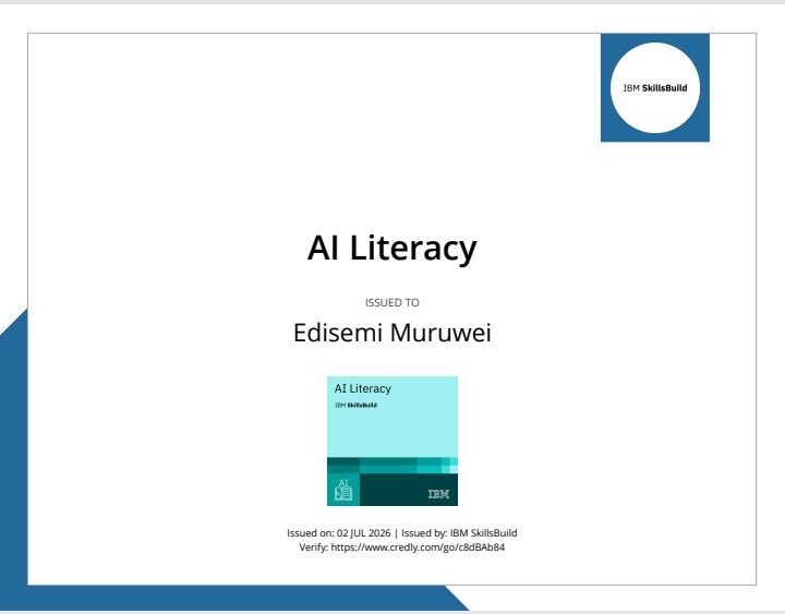edisemi_M's tweet photo. I completed the AI Literacy and Data Literacy course and got digital credentials issued by @IBM SkillsBuild.

Super grateful to @alx_africa for the opportunity to grow.

Learning never stops💯

#IBMSkillsBuild #alxafrica #AI #Data https://t.co/j9mmBlJTYL