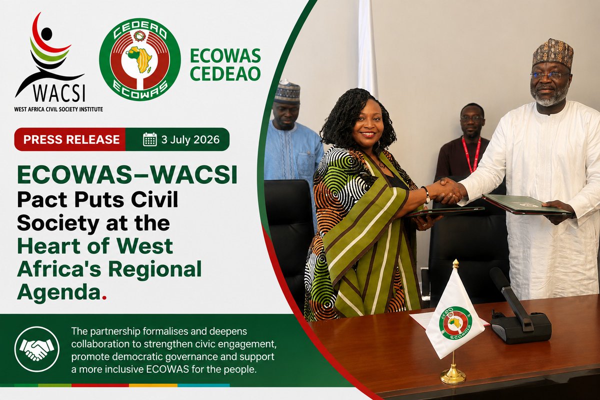 wacsi's tweet photo. On 3 July 2026, @ecowas_cedeao and WACSI signed a 5-year MoU to strengthen civil society engagement across West Africa. The partnership advances citizen-centred integration, democratic governance, and ECOWAS Vision 2050. https://t.co/X5QoMxPqFu https://t.co/Hi2AlTbGSd