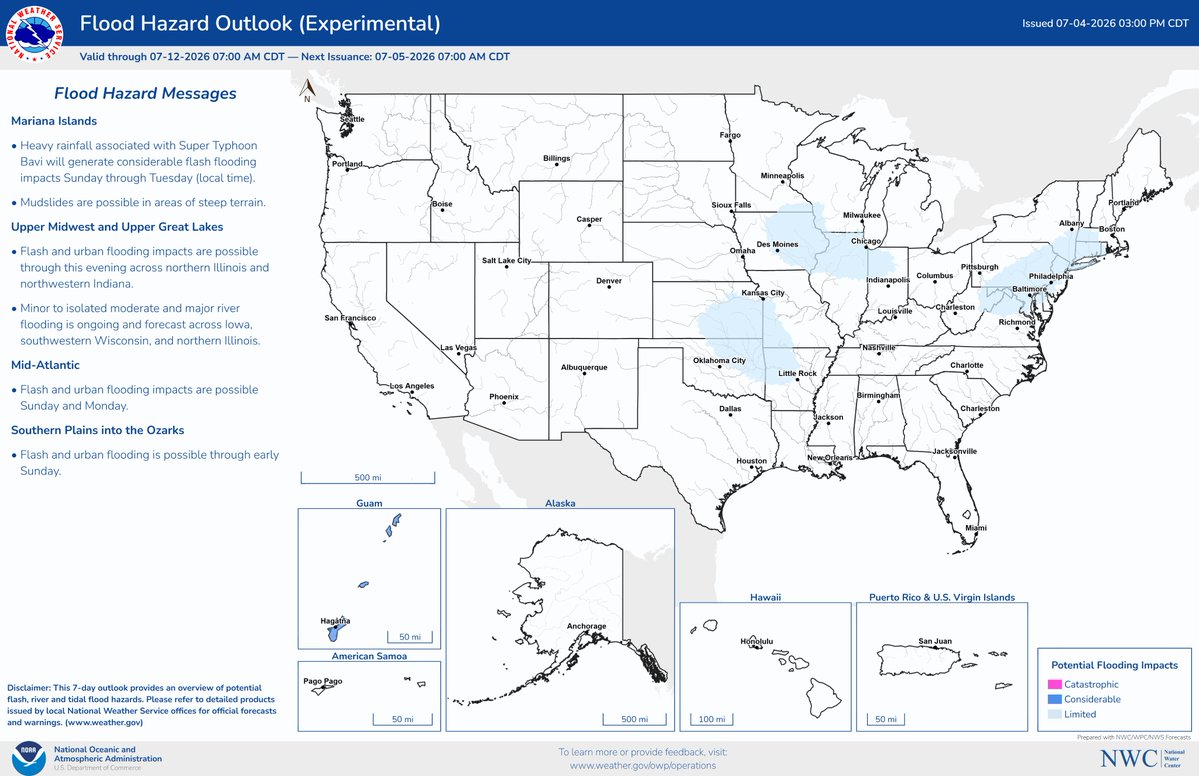 nwsnwc's tweet photo. The National Water Center has issued the afternoon Flood Hazard Outlook, valid through 7:00 AM CDT on Sunday, July 12, 2026. More information is available at: https://t.co/xk3nxoAb1D #flooding https://t.co/TJzmOIeUqW