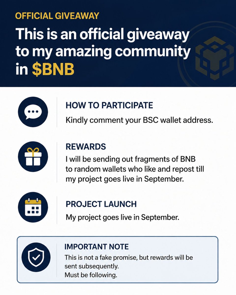 DeARKdev's tweet photo. OFFICIAL BNB GIVEAWAY 🎉
To participate:

✅ Comment your BSC wallet address below.

✅ Like, Repost, and Bookmark this post.

✅ Follow this account to stay eligible.

Rewards will be distributed subsequently to selected participants.

This is a genuine giveaway no false promises. Winners will be chosen fairly, and rewards will be sent accordingly.

Good luck to everyone! 💛
#BNB