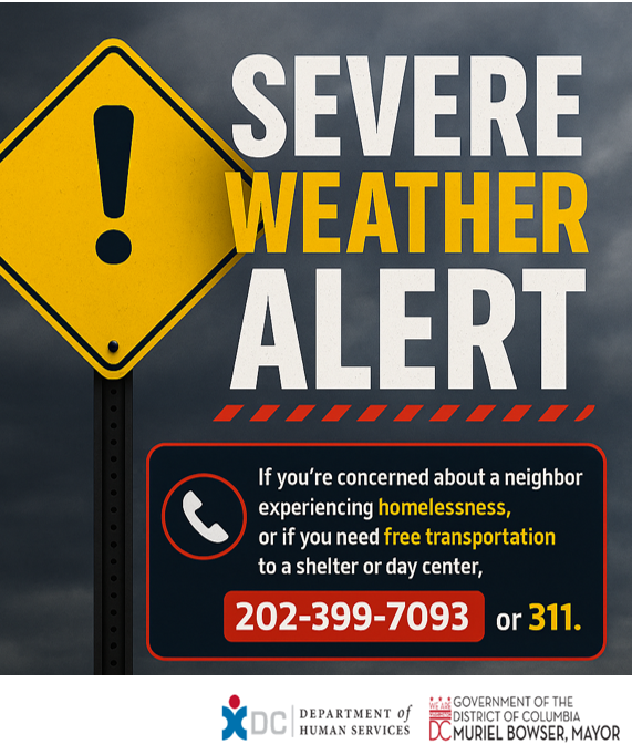 DCHumanServ's tweet photo. DC is under a Severe Thunderstorm Watch, be safe and look out for your neighbors.
If you’re concerned about a neighbor experiencing homelessness, or if you need to access free transportation to a shelter or day center, call the Shelter Hotline at 202-399-7093 or 311. https://t.co/ylw4172UwU