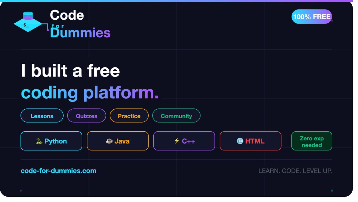 KevC2369's tweet photo. I built a free coding platform.

Python · Java · C++ · HTML
Lessons, quizzes, practice &amp; a 
community to learn alongside.

Zero experience needed.

https://t.co/DaCW6Ly7n0 https://t.co/gkiIfheMI0