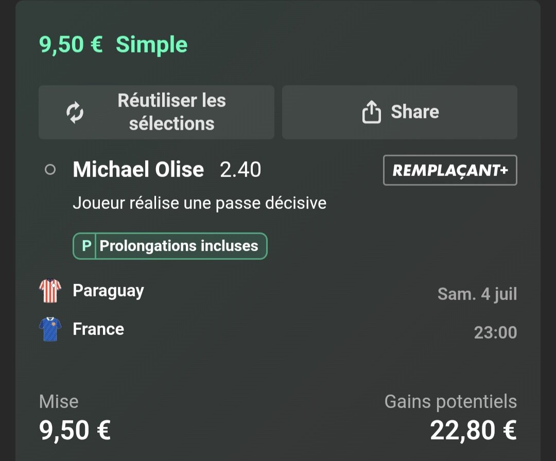 ValueBet3's tweet photo. J ai pris la passe dé d'Olise a 0,4% avec sub inclus + prolongations sur BET365. Et j ai mis 3x5€ sur des buteurs 🇨🇵 avec sub pour le défi WINAMAX 😁⚽️🔥 https://t.co/hbNkRiPRWs