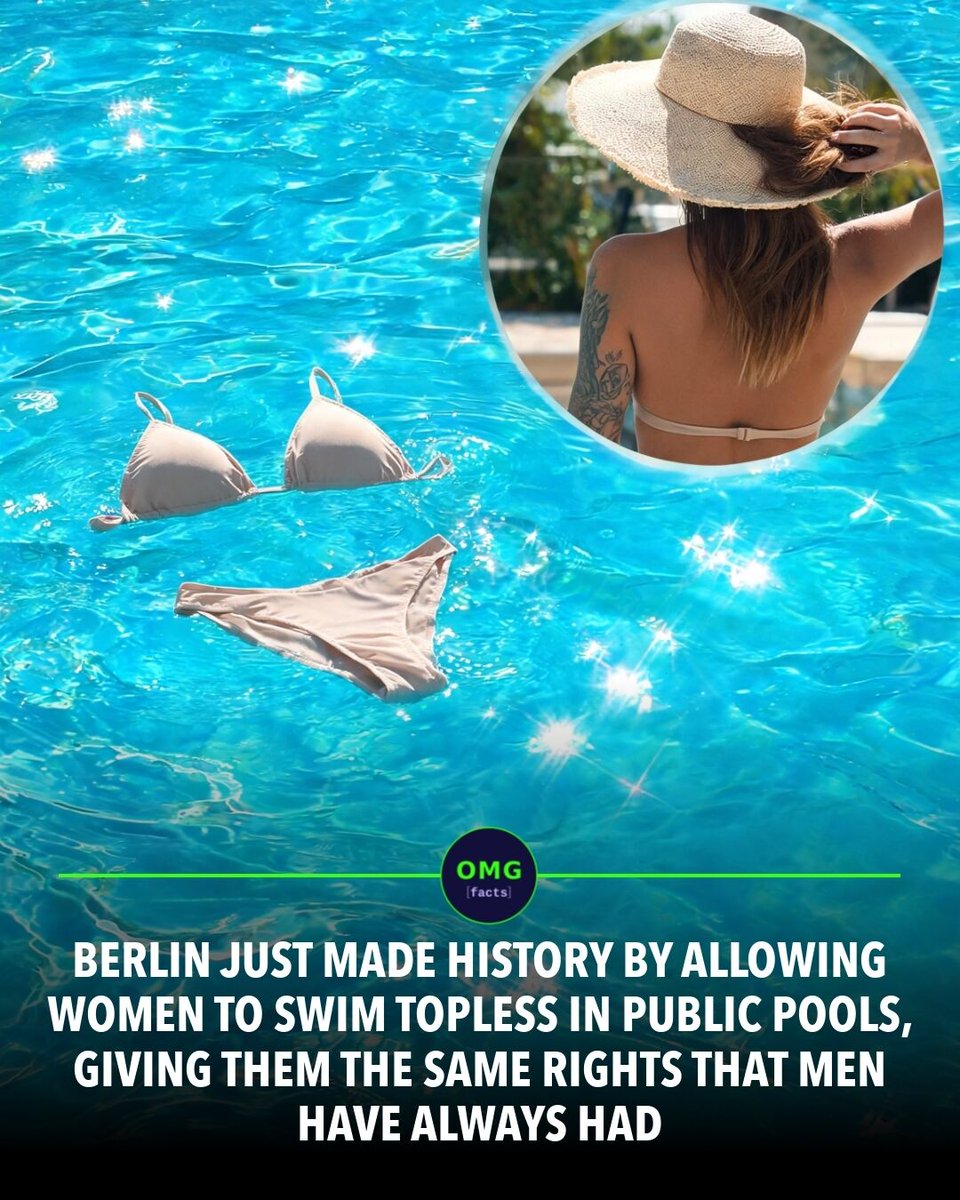 OMGFacts's tweet photo. 🏊 Berlin pools now allow everyone to swim topless.
A woman's discrimination complaint changed the city's rules for all genders.
Gender equality, in the water.
Sources: BBC News, The Guardian
#omgfacts #Berlin #GenderEquality https://t.co/zpN1XbISE8