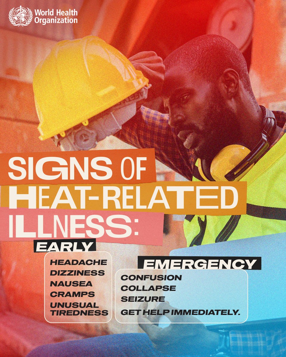 WHO's tweet photo. Heat can make people seriously ill. Knowing the signs saves lives.

⚠️Here’s what to watch out for: 
Headache, dizziness, nausea, cramps, palpitations, excessive sweating or unusual tiredness. 

Heat and air pollution together hit harder and for people with cardiovascular or respiratory conditions, the effects can be faster and more severe.

If you or someone you know starts to experience signs of heat stress:

❎ Slow down or stop activity, move to a cooling area, drink water. Seek help if your symptoms don’t improve. 

🚨 Look for danger signs: severe headache, confusion, agitation, collapse, seizures, or not responding normally. This counts as a health emergency. 

👀 If someone near you looks unwell, don’t leave them alone. 
Move them to a cooling area immediately, and call for first aid or alert event staff.

🌡️ Check weather forecast and air quality levels.

Share to help more people recognize the signs https://t.co/ON15cp6fmO

#BeatTheHeat