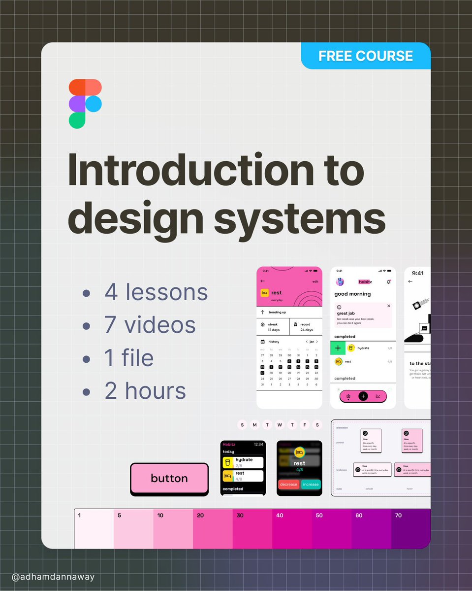uipoweranger's tweet photo. 🔥 Free course by @figma: Introduction to design systems

This courses will walk you through the entire design system journey, from fundamental concepts, to building and documenting your system

📚 4 lessons 
▶️ 7 videos 
📂 1 file
⏰ 2 hours 

Get started 👇

#designsystem #UIUX https://t.co/KgweijCCTP