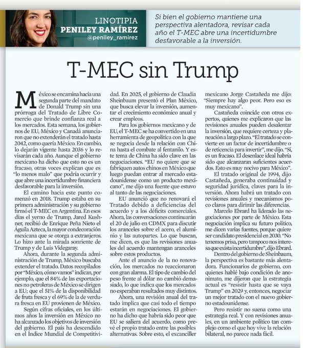 FDoringCasar's tweet photo. 534,000,000,000 de dólares fueron las exportaciones de México a Estados Unidos en 2025, el 84% de las no petroleras de México

El 51% de la fruta fresca y el 69% de la verdura fresca que se consume en ese país vienen del nuestro

"Pero resistir no suena como una estrategia real. Y con revisiones anuales, en un ambiente político tan complejo como el que hoy vive la relación bilateral, no parece nada fácil" @penileyramirez 

Por supuesto que @Claudiashein no tiene ninguna estrategia salvo esperar mediocremente al ocaso de la administración de @realDonaldTrump 

Las revisiones anuales inhibirán aún más las inversiones en México, donde ya con la corte de los acordeones y el narco del bienestar, cada día es menos atractivo hacerlo