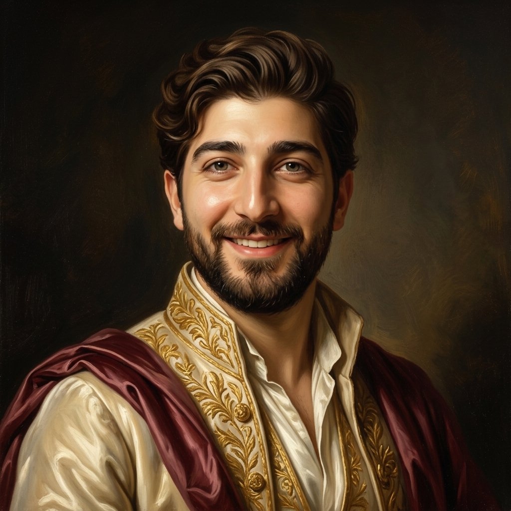 IS7MI's tweet photo. Prompt 🖼⤵️

Use the uploaded photo as the ONLY facial reference. Preserve the man's identity exactly with identical face shape, eyes, eyebrows, nose, lips, ears, jawline, beard, hairstyle, skin tone, facial proportions, and overall appearance. Do not change age, ethnicity, or facial structure. Only change the facial expression as specified.

Classical Neoclassical portrait of the same young man, melancholic mood, soft luminous skin, expressive eyes, wavy chestnut hair, wearing an elegant cream-and-gold embroidered velvet coat over an ivory silk shirt with a satin shoulder drape. Dramatic Rembrandt lighting, warm golden highlights, deep shadows, dark painterly background, refined brushstrokes, luxurious fabric textures, museum-quality masterpiece, cinematic, ultra-detailed, 8K, HDR.