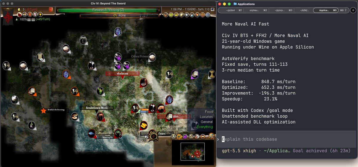 niallohiggins's tweet photo. 21 years after Civ IV shipped, one of the best mods for one of the best Civilization games ever is running under Wine on Apple Silicon.

Using /goal mode in Codex, I built an unattended benchmark loop and improved More Naval AI / FFH2 turn-time performance by 23%.

https://t.co/7p77KWrzMV