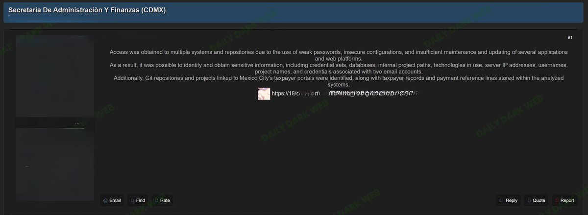 DailyDarkWeb's tweet photo. 🇲🇽 Mexico appeared heavily targeted on underground forums this week, with multiple organizations allegedly impacted by newly advertised datasets and claimed compromises.

The reported incidents include:
* Secretaría de Administración y Finanzas (CDMX) – Claimed access to internal systems, Git repositories, databases, credentials, and taxpayer-related information.
* SeguriTech Privada – Alleged exposure of internal user records, authentication tokens, access logs, and customer-related data.
* SICEP Puebla – Database allegedly containing records for approximately 1.4 million students, including personal, academic, and guardian information.
* Guanajuato-linked government/taxpayer systems – The same actor claims access to infrastructure and projects supporting public-sector services in Mexico.

⚠️ At the time of publication, these claims originate from underground forum posts and have not been independently verified or officially confirmed by the affected organizations.

Analyst Note: Government agencies, educational institutions, and critical service providers continue to be prime targets for financially motivated and opportunistic threat actors. Even unverified claims deserve attention, as they may indicate ongoing intrusion activity or future data extortion attempts.

#DDW #DarkWeb #Intelligence #Mexico