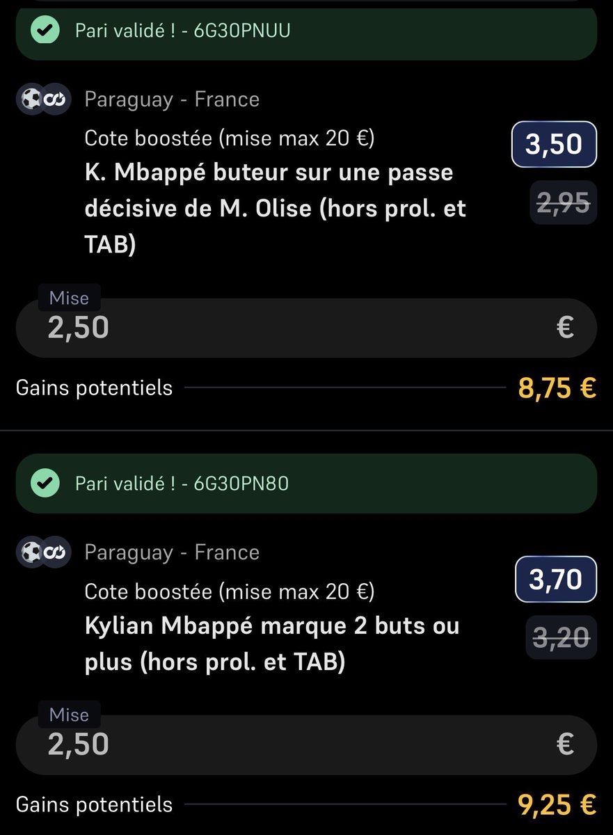 Lobet141's tweet photo. ��� BET #CDM2026

🇫🇷 France 🆚 🇵🇾 Paraguay

🎯 Mbappé doublé 📈 @3.70 💸 Mise : 2,50€

🎯 Mbappé buteur sur une passe décisive d'Olise 📈 @3.50 💸 Mise : 2,50€

❤️ si tu embarques !
#TeamParieur https://t.co/MXWDwJenbx