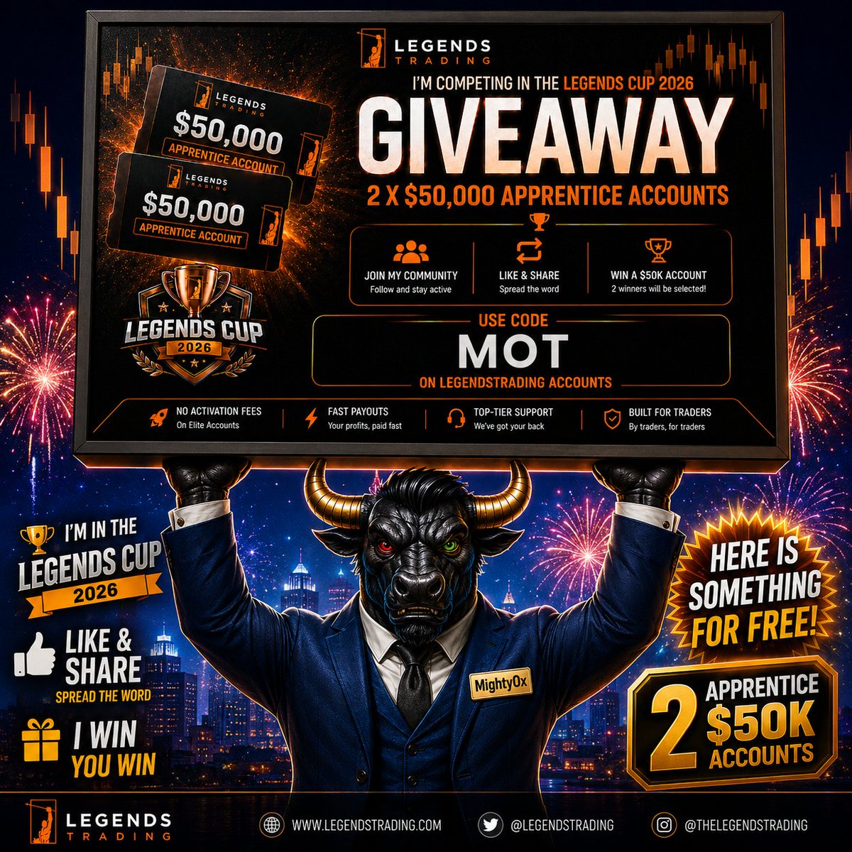 MightyOxTrading's tweet photo. One of my favorite parts of this community is being able to give back.

As part of the Legends Cup 2026, I'll be giving away:

🎁 2 × $50,000 Legends Apprentice Accounts

To enter:
✔️ Follow the community
✔️ Like & Share this post
✔️ Stay active

The more we grow together, the more opportunities we can create for everyone.

And if you're signing up with Legends Trading, don't forget to use code MOT.