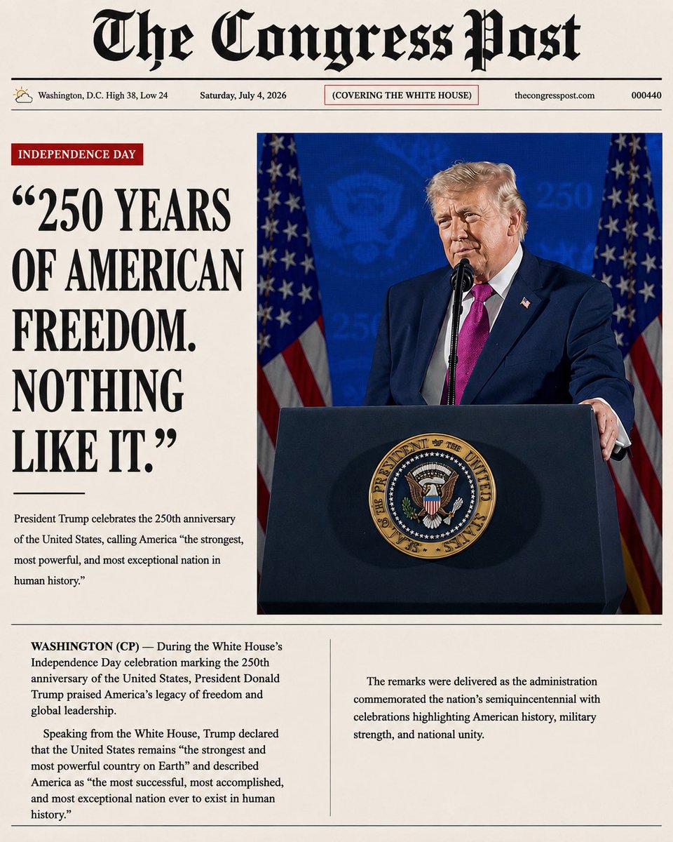 Congress_post's tweet photo. President Trump celebrates America’s 250th anniversary, calling the U.S. the strongest and most exceptional nation in history. 

#4thofJuly #Trump #USA
 #whitehouse #4thofjulyweekend #thecongresspost https://t.co/tQHifrP8yX