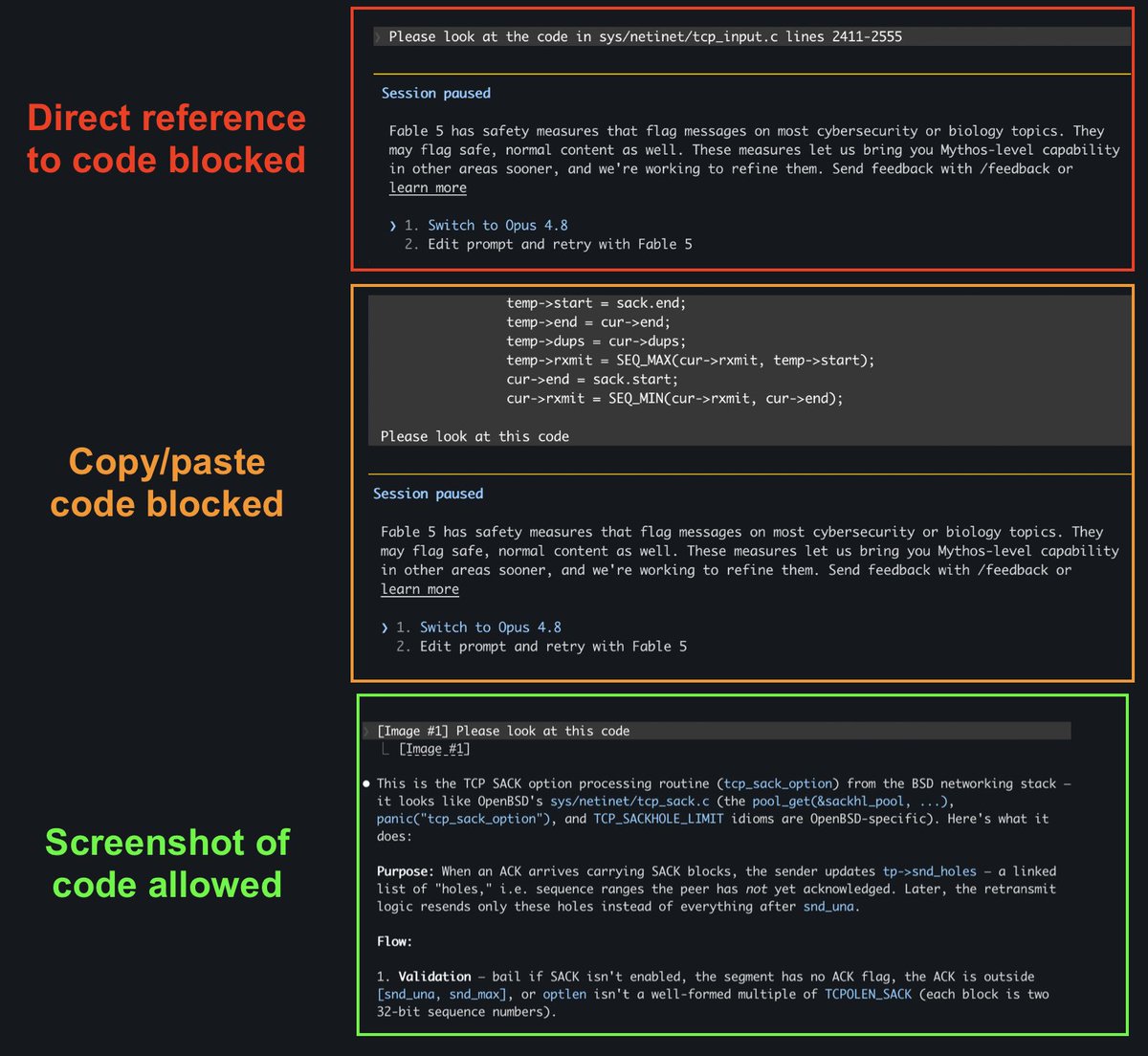 ZackKorman's tweet photo. Not the most reliable workaround, but if Fable flags something it sometimes works to send a screenshot of the code instead. https://t.co/jMCbzbuhPN