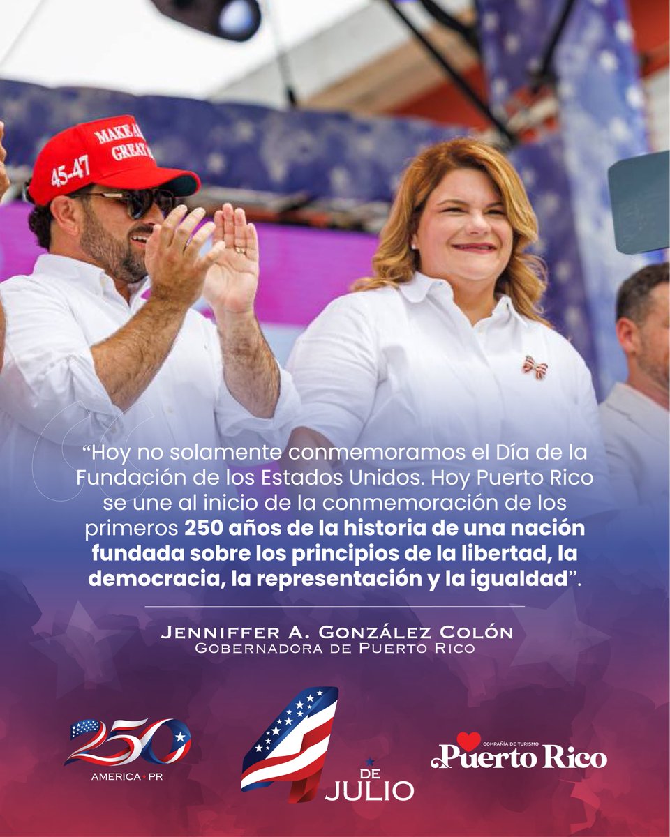 Jenniffer's tweet photo. “Today, we not only commemorate the founding of the United States. Today, Puerto Rico joins in marking the beginning of the celebration of 250 years of a nation built on the enduring principles of freedom, faith, and representation”.

🇺🇸🇵🇷

“Hoy no solamente conmemoramos el Día de la Fundación de los Estados Unidos. Hoy Puerto Rico se une al inicio de la conmemoración de los primeros 250 años de la historia de una nación fundada sobre los principios de la libertad, la democracia, la representación y la igualdad”.

#America250PR #America250 #Freedom250