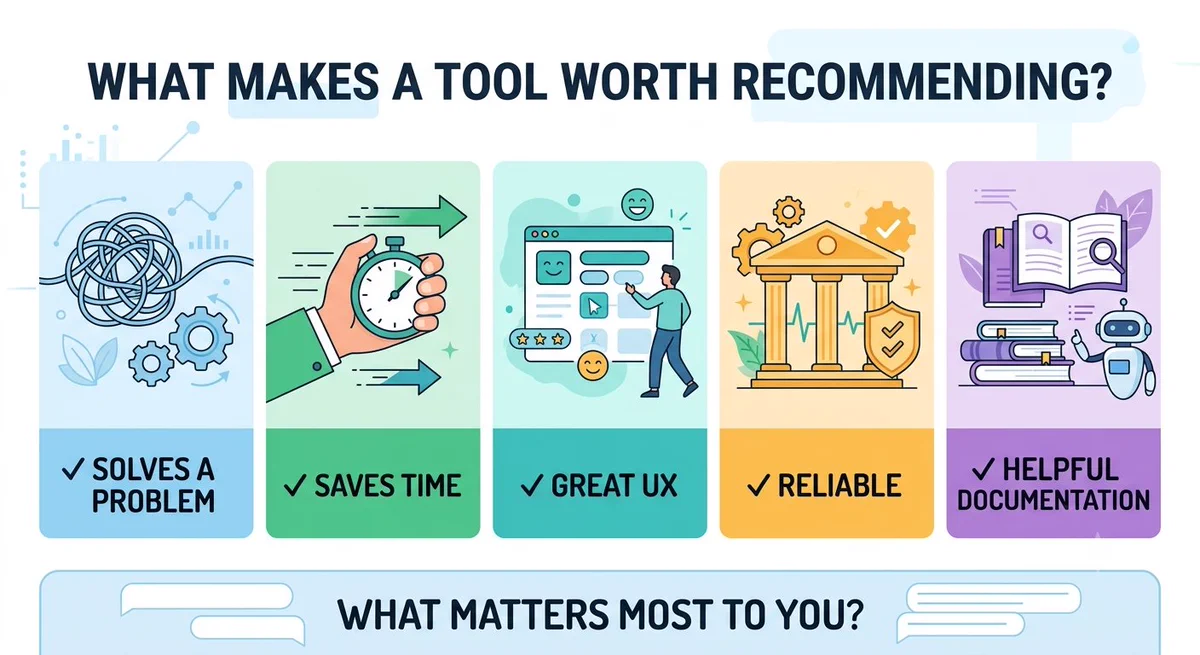 What Makes a Tool Worth Recommending?

5 blocks

✓ Solves a problem

✓ Saves time

✓ Great UX

✓ Reliable

✓ Helpful documentation

Bottom

What matters most to you?