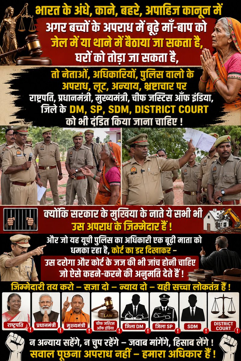 nrm73472's tweet photo. अगर बच्चों के अपराध में मां बाप अपराधी बन सकते है उनके घरों को तोड़ जा सकता हैं तो भ्रष्टाचार हत्या रेप करने वाले नेताओं अधिकारियों पुलिस के आरोप में

प्रेसिडेंट PM CM SC HC जज DM SP को भी दंडित किया जाना चाहिए मुखिया के नाते @rashtrapatibhvn @narendramodi  @myogiadityanath @ANI https://t.co/5d9Bej0WeG